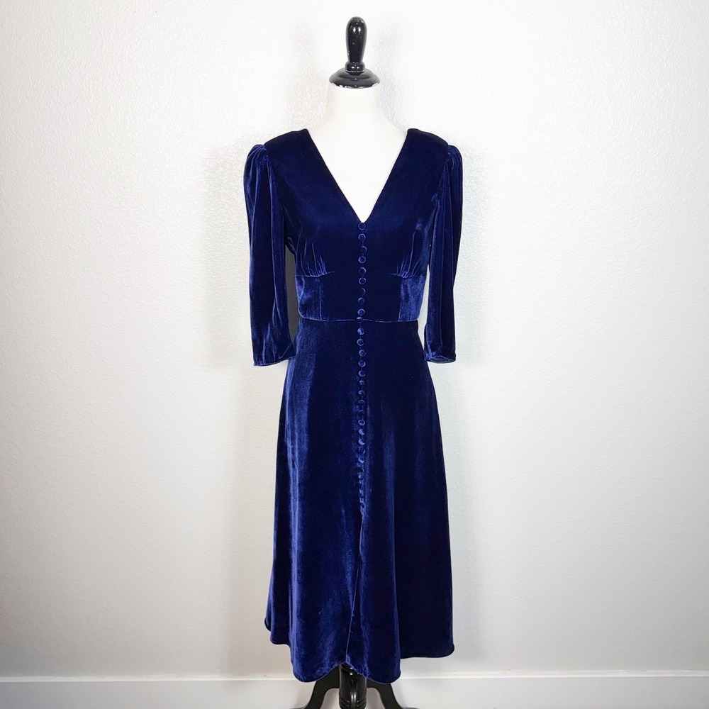 Saloni Margot B Dress Size 6 Women's Sapphire Liquid Velvet Midi Dress V Neck